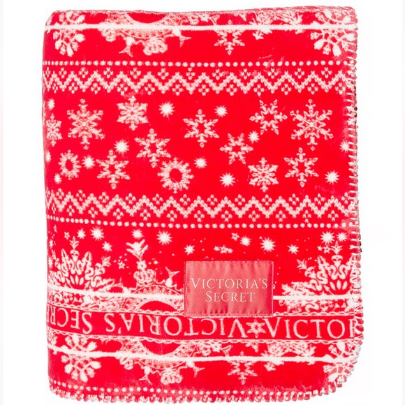 🆕🎁 Victoria\'s Secret Soft Plush Fleece Blanket Throw Red Fair Isle Snowf…